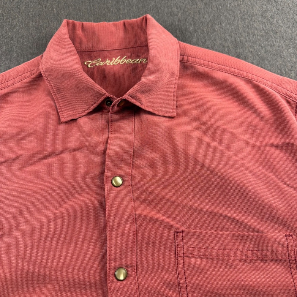 Caribbean Mens Short Sleeve Button Down Shirt Coral Red pearl snap modal blend m